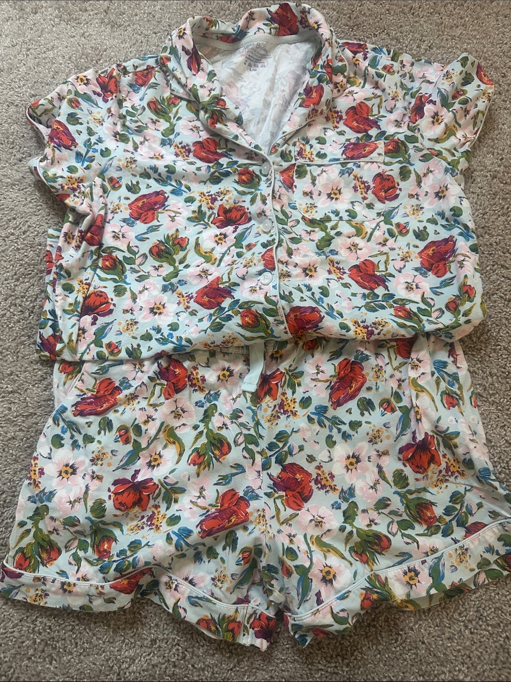 Vera Bradley Floral Short Pajama Set - Light Blue with Red Floral Print